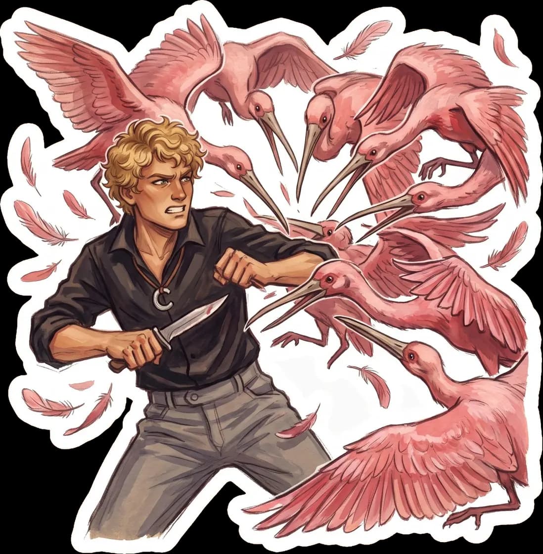 Haymitch desperately defends himself against a terrifying flock of genetically engineered pink birds in the arena.