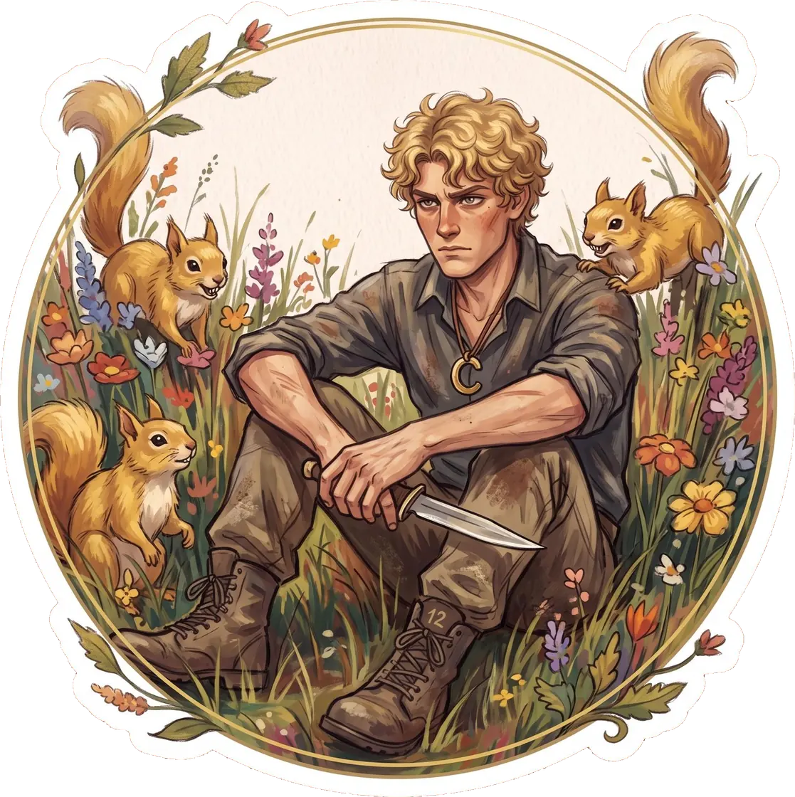 Haymitch takes a brief moment of rest in the dangerous arena while surrounded by bright golden squirrels.