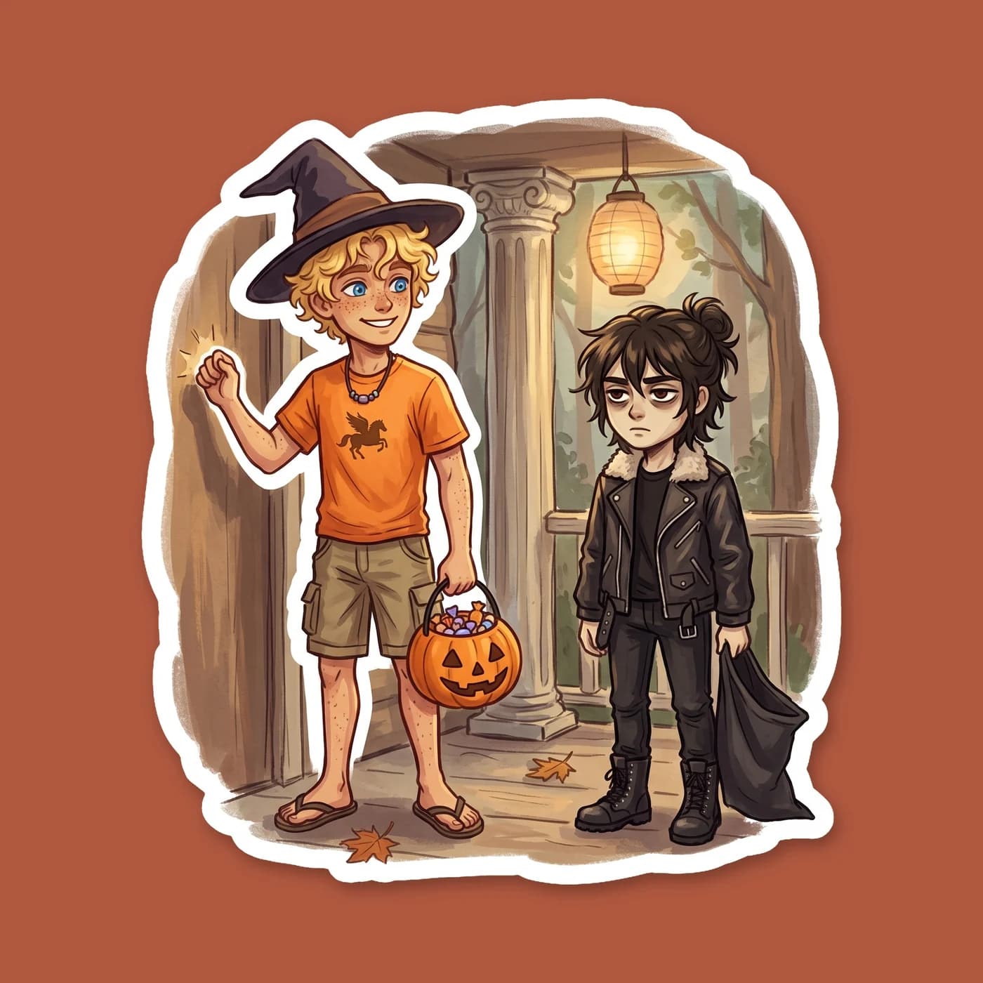 Will pulls Nico by the hand as they run between the wildly decorated cabins for trick-or-treating. Nico tries to look annoyed by the festive chaos, but a small, fond smile betrays how much he enjoys s, view 2
