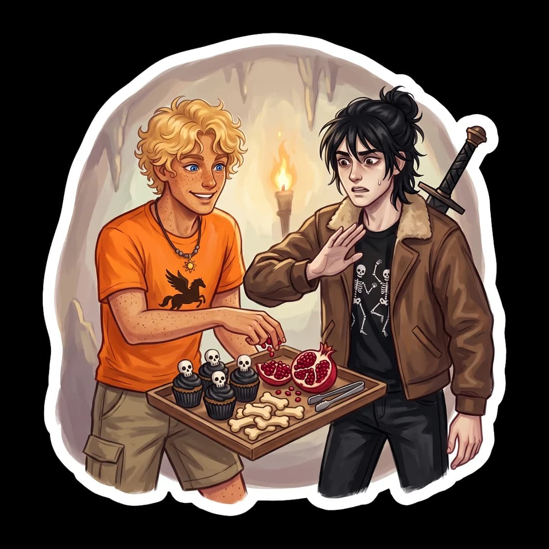 Nico holding a split pomegranate, giving a stern look that reminds any visiting demigods about the rules of the underworld. The deep ruby red seeds contrast against his dark aviator jacket and silver