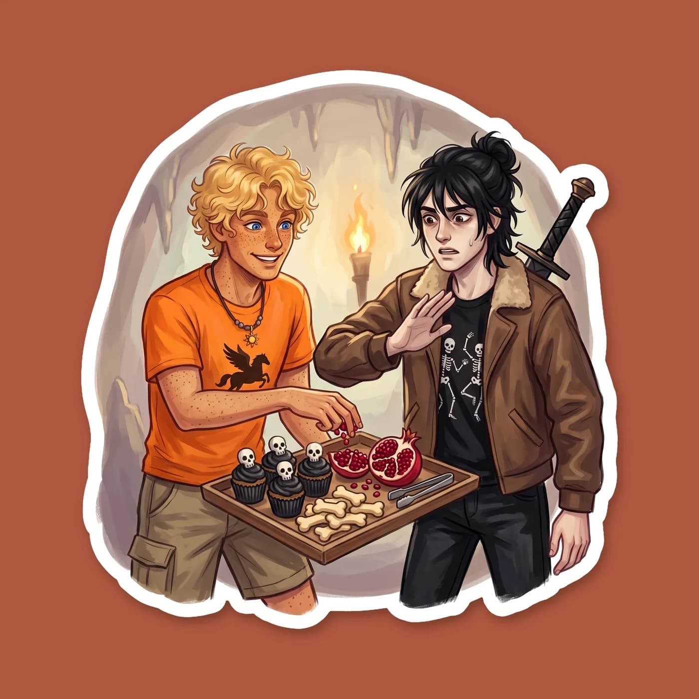 Nico holding a split pomegranate, giving a stern look that reminds any visiting demigods about the rules of the underworld. The deep ruby red seeds contrast against his dark aviator jacket and silver , view 2