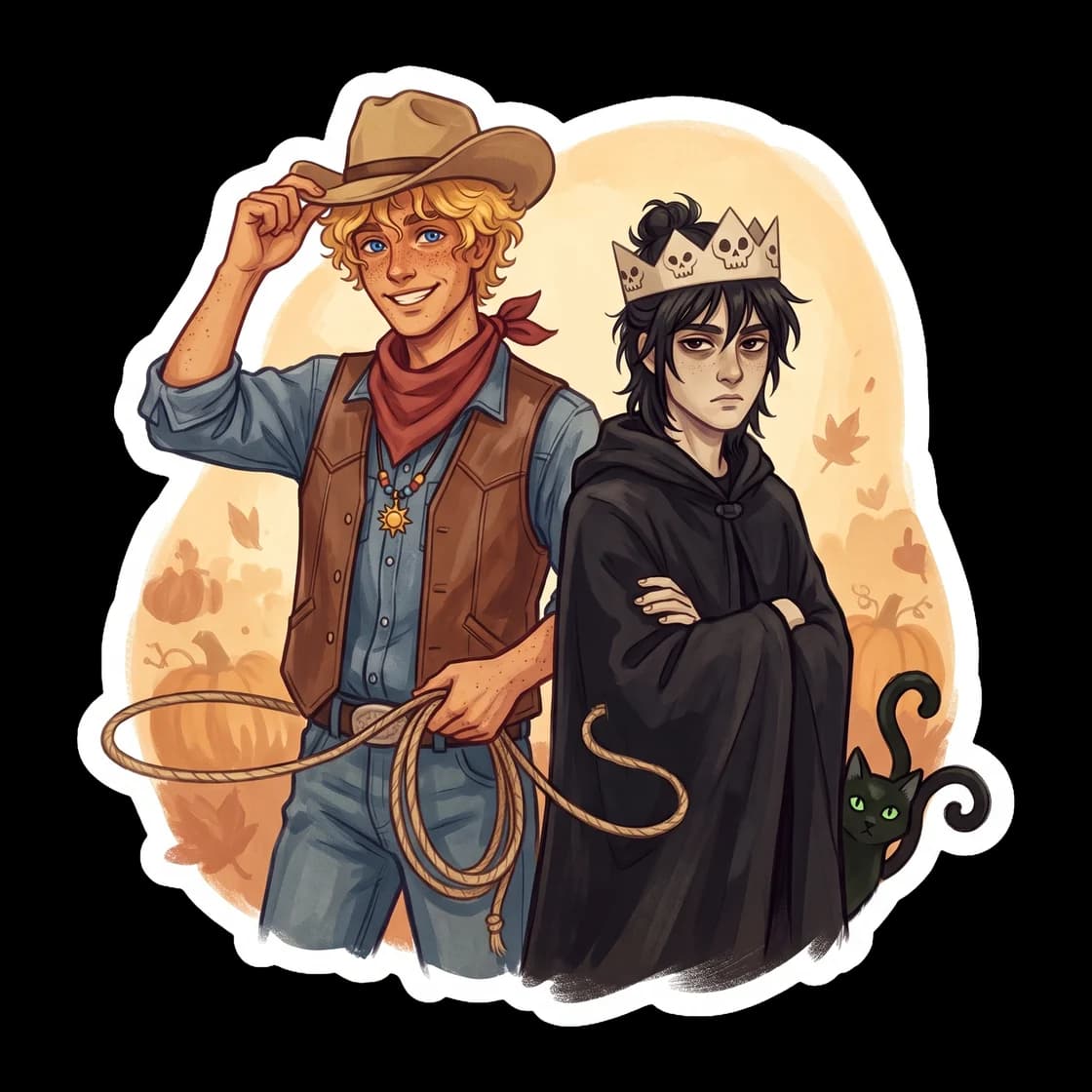 Will dressed up as a bright rodeo cowboy trying to coax Nico into the Halloween spirit, while Nico fully embraces his natural aesthetic as a very literal ghost king. A humorous contrast between the su