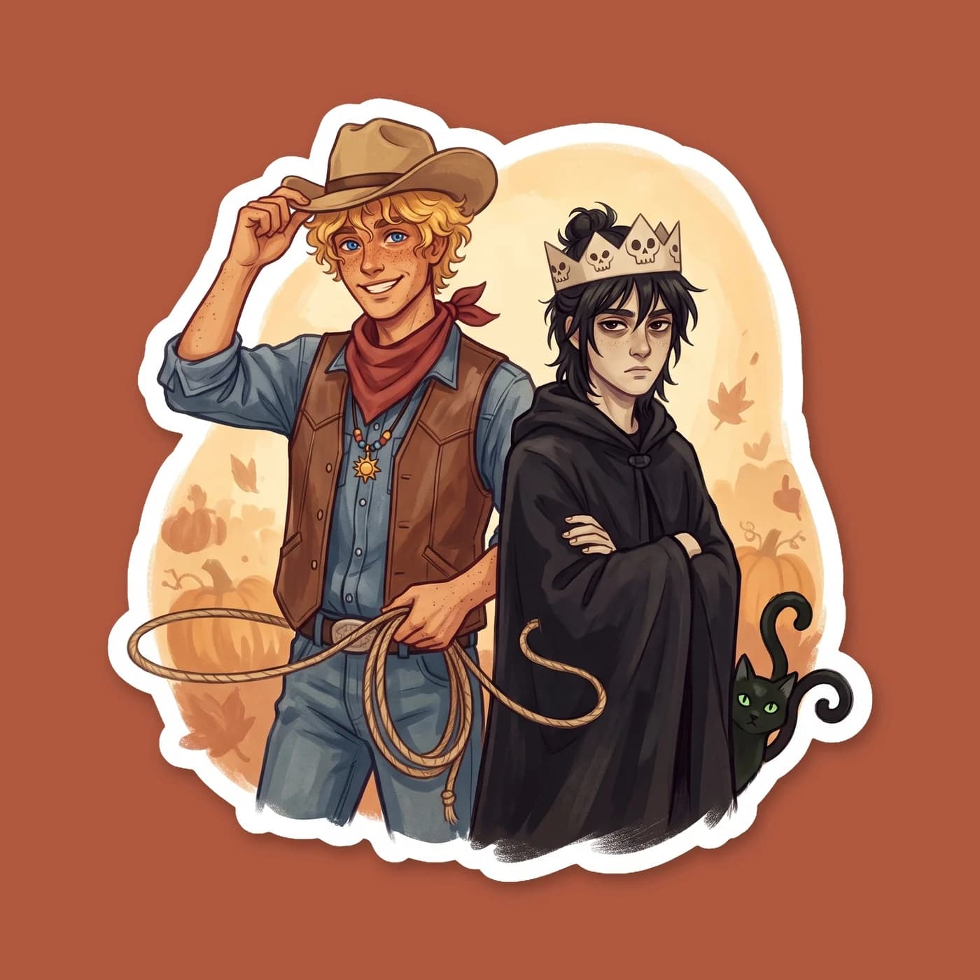 Will dressed up as a bright rodeo cowboy trying to coax Nico into the Halloween spirit, while Nico fully embraces his natural aesthetic as a very literal ghost king. A humorous contrast between the su, view 2