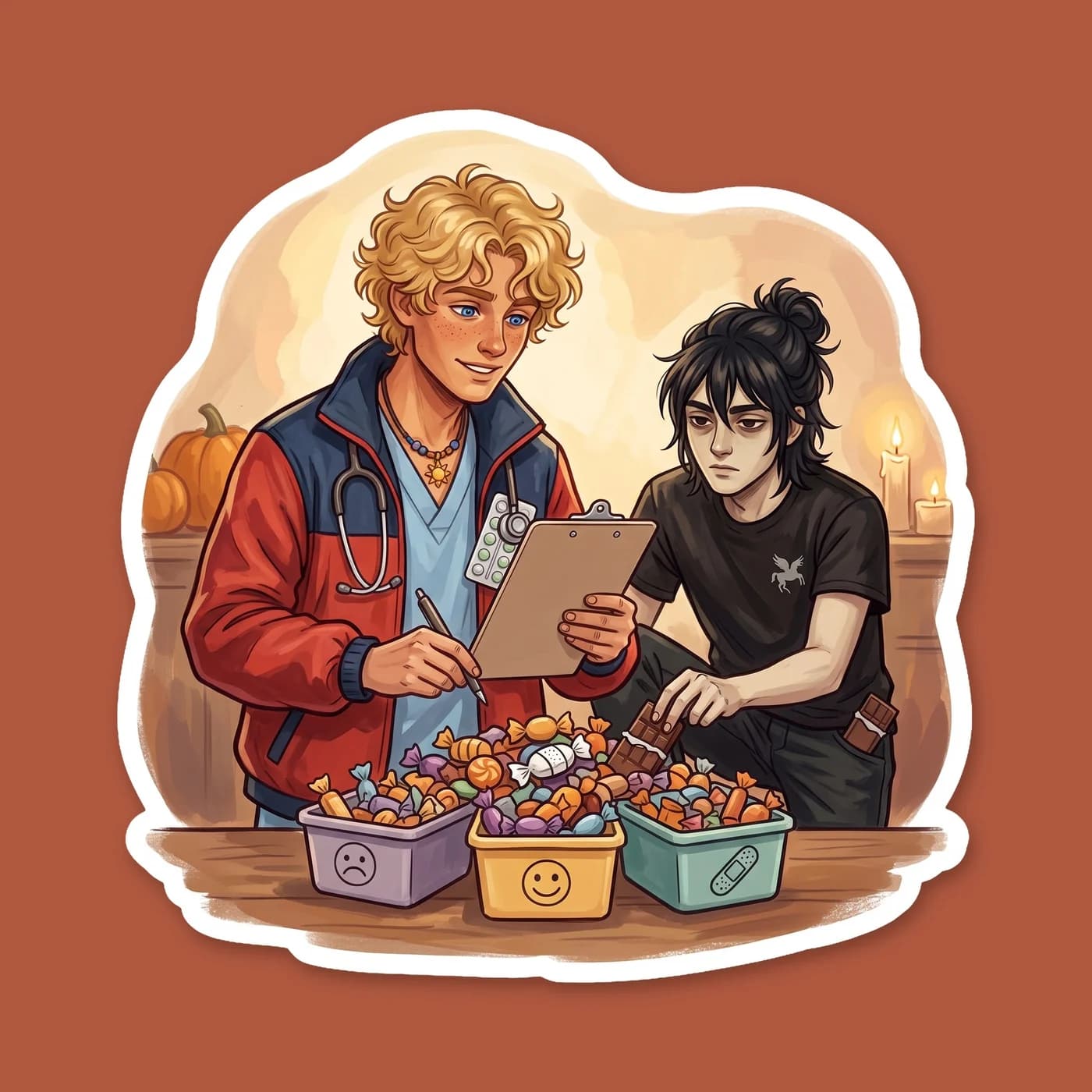 Will applies his rigorous Apollo cabin healer training to a massive pile of Halloween candy, sorting the chocolates from the gummies in a serious triage operation. Nico sits nearby, already eating the, view 2
