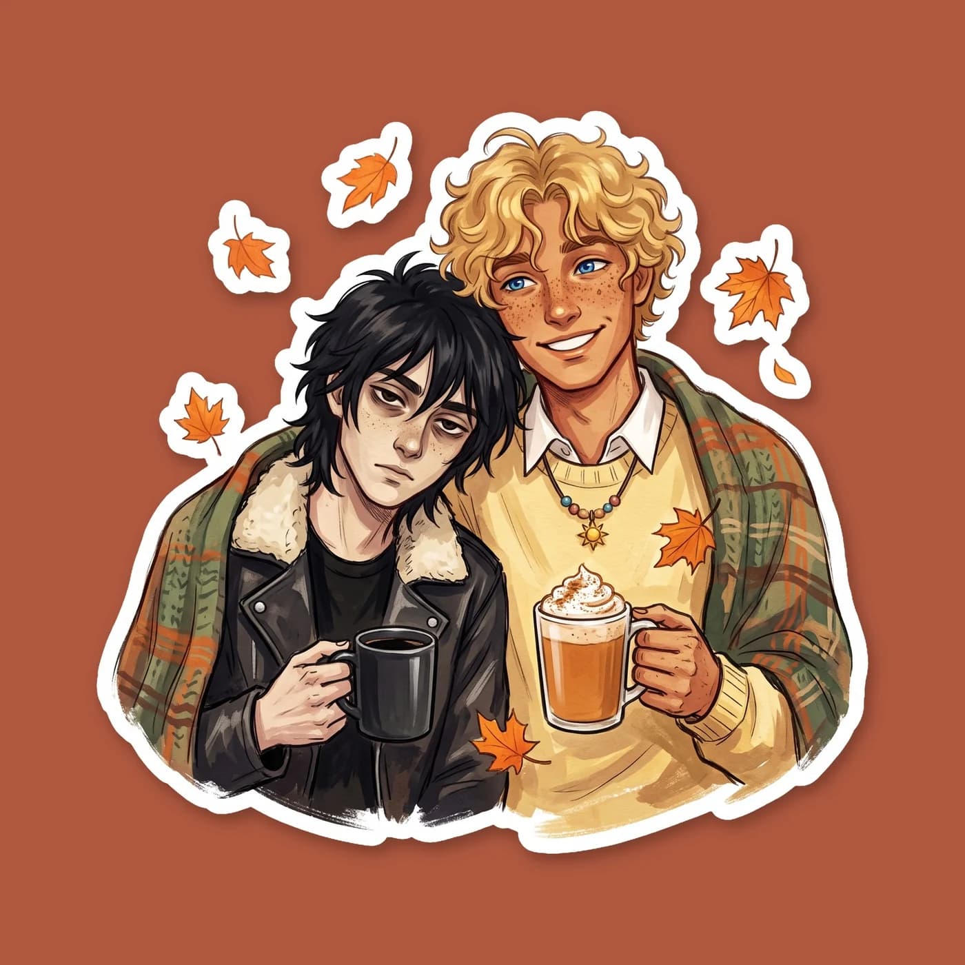Will radiates bright pumpkin spice autumn energy with a warm scarf and a seasonal latte, while Nico stands beside him radiating pure dark underworld vibes. The contrast perfectly captures their dynami, view 2