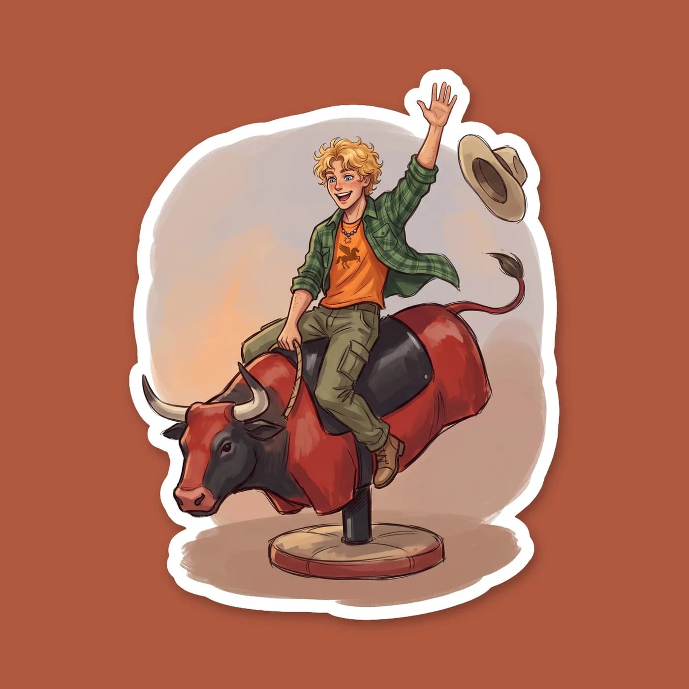 Will Solace holds on tight as he rides a mechanical bull, his blonde hair flying and a massive grin on his face. He is determined to beat his previous time, showing off his natural athletic balance an, view 2
