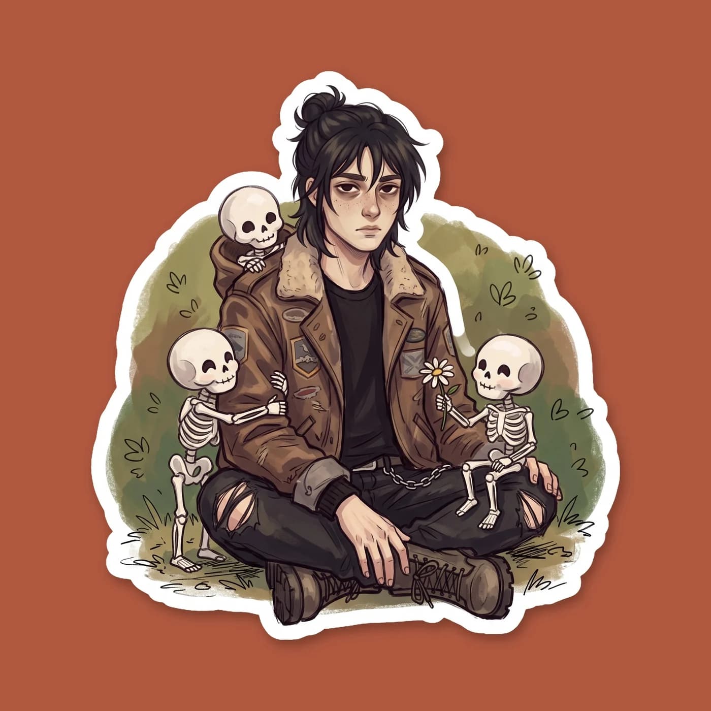 Nico di Angelo is depicted sitting in a quiet graveyard, surrounded by a group of tiny skeleton companions. The son of Hades is wearing his signature aviator jacket and a soft, genuine smile as he sha, view 2