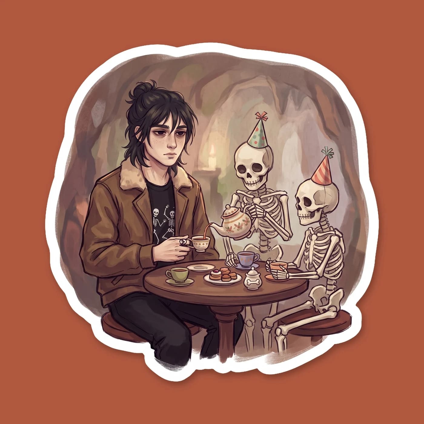 Nico hosts an impromptu tea party with three skeletons wearing tiny flower crowns. It captures a rare moment of peace for the ghost king, resting under the shade of a cypress tree while pouring imagin, view 2