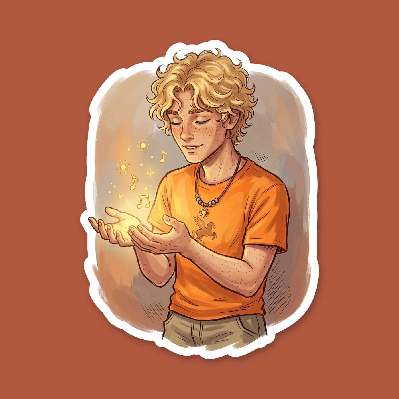 Will Solace focuses his energy, his hands radiating a warm and golden healing light. The head counselor of the Apollo cabin is shown in his orange camp shirt, ready to mend wounds and bring a bit of s, view 2