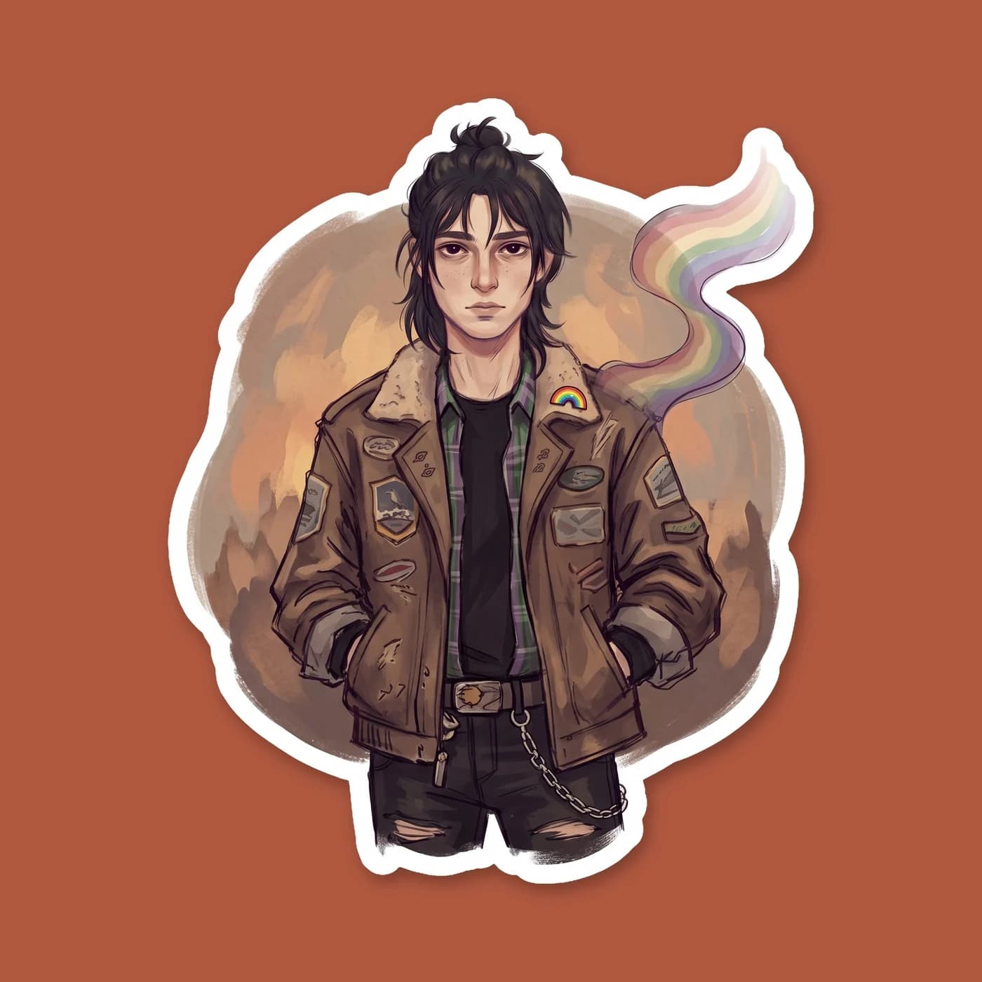 Nico wears his black jacket adorned with a subtle rainbow pride pin, standing confidently in front of a painted rainbow flag. It reflects his journey toward self-acceptance and the quiet bravery he sh, view 2