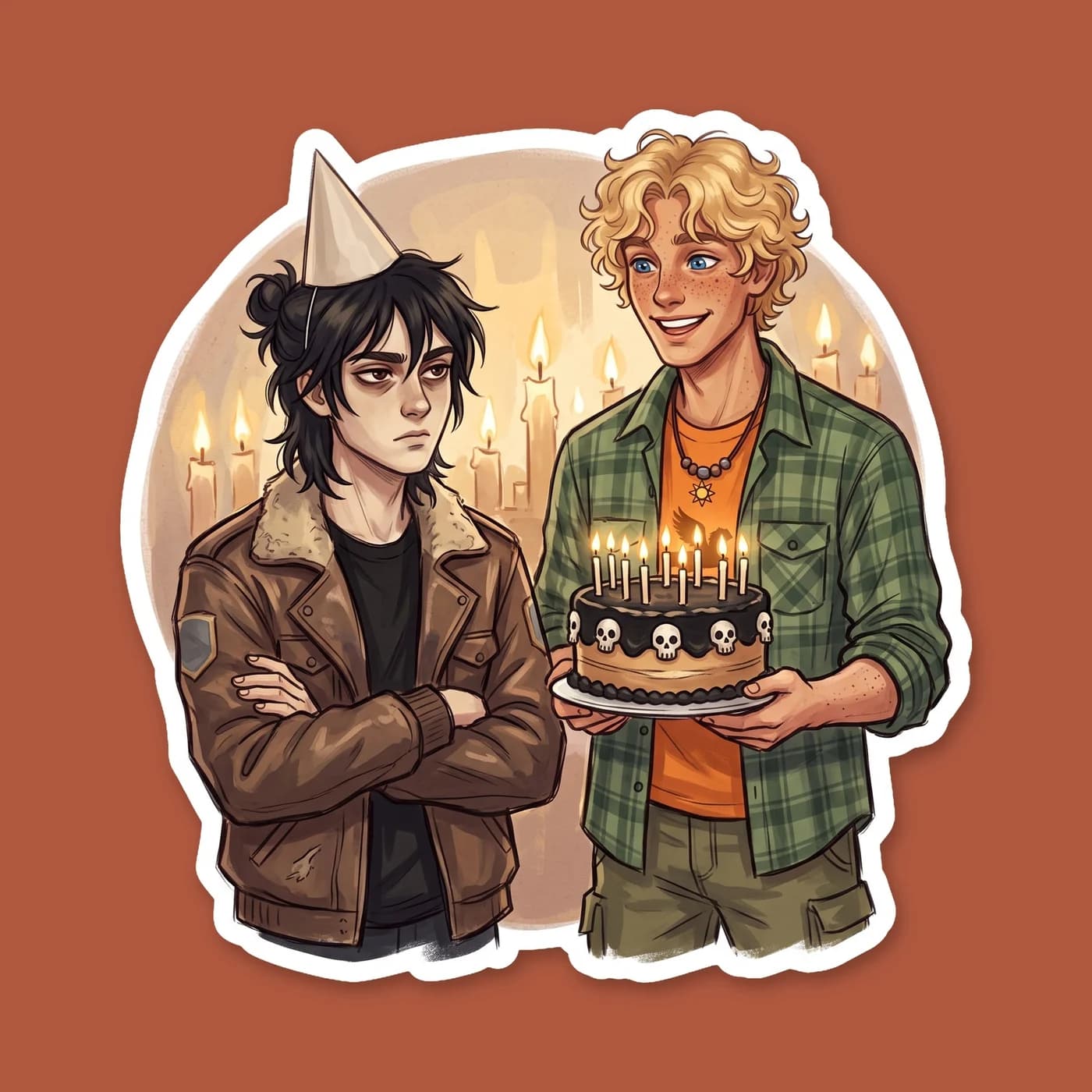 Will Solace surprises a sleepy Nico with a small, glowing birthday cake in the Hades cabin. Nico looks pleasantly caught off guard by the gesture, highlighting the warmth Will brings into the darker c, view 2