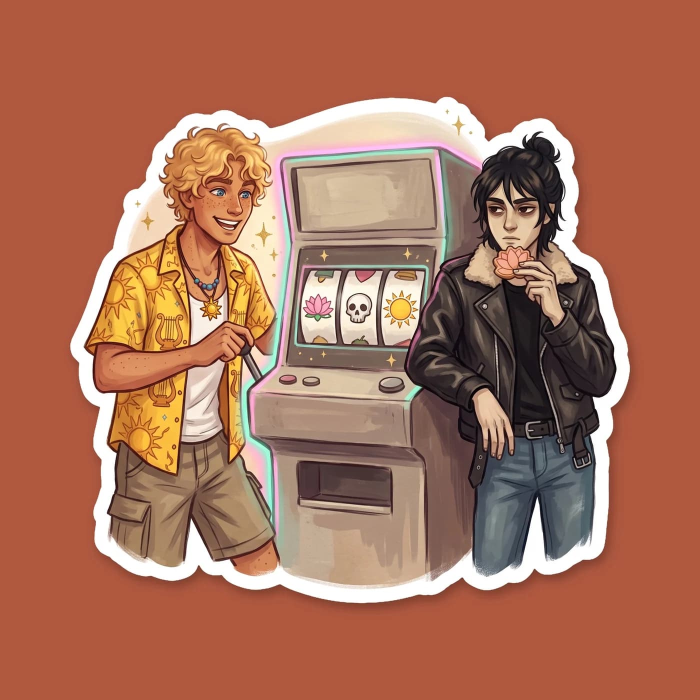 A nostalgic nod to a trapped past, featuring Nico standing before a glowing Lotus Casino slot machine. The neon lights reflect softly against his dark aviator jacket as he stares blankly at the endles, view 2