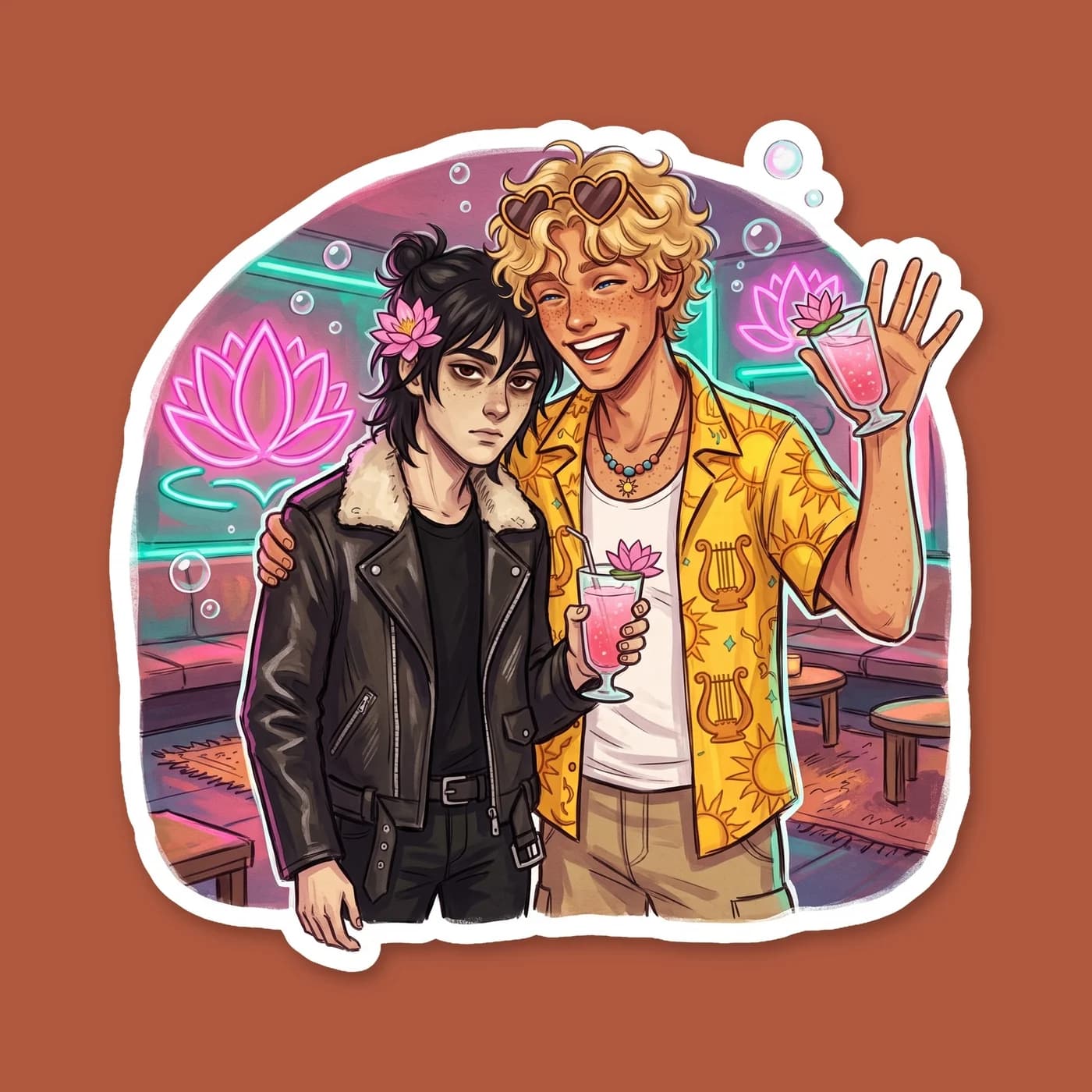 Will and Nico share a quiet moment under the humming neon signs of the Lotus Casino. Will rests a steady hand on Nico as they navigate the bright lights, claiming a new memory in a place that once hel, view 2