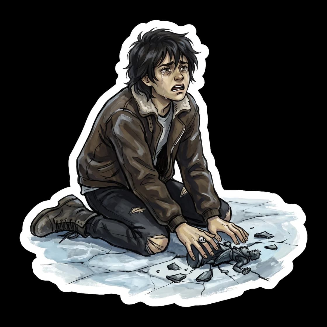 A young Nico letting the Hades Mythomagic figurine slip from his fingers, it hitting the snow and shattering upon hearing the devastating news about his sister. The design focuses on his hands and the