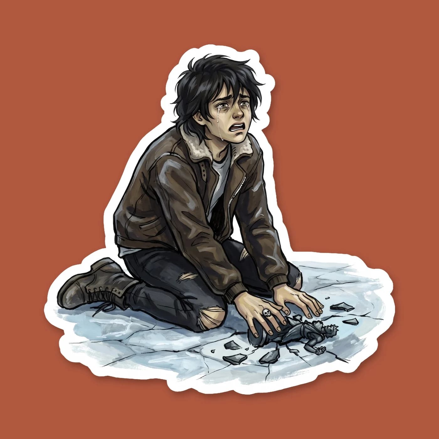 A young Nico letting the Hades Mythomagic figurine slip from his fingers, it hitting the snow and shattering upon hearing the devastating news about his sister. The design focuses on his hands and the, view 2