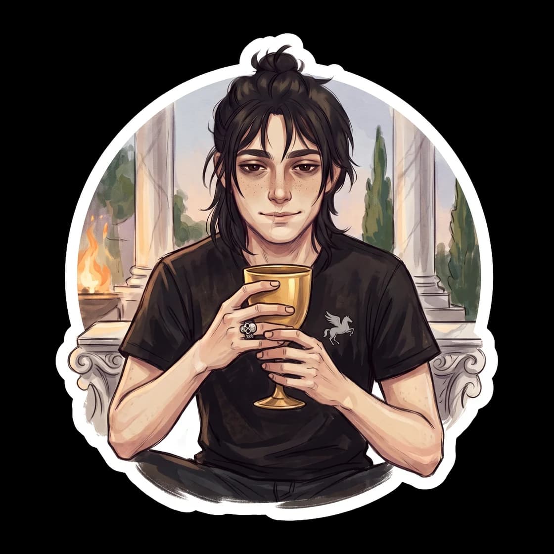 Nico finally accepting a seat at the Apollo table in the dining pavilion, looking slightly nervous while Will gives him an easy, welcoming smile. The scene highlights the quiet moment Nico starts to f