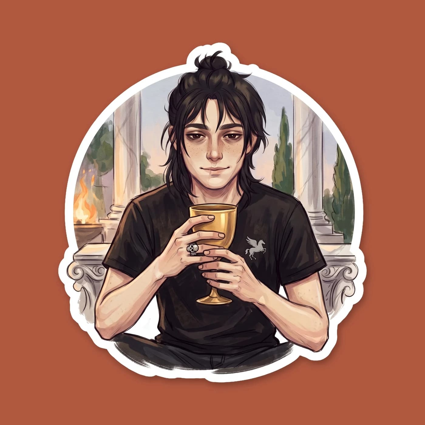 Nico finally accepting a seat at the Apollo table in the dining pavilion, looking slightly nervous while Will gives him an easy, welcoming smile. The scene highlights the quiet moment Nico starts to f, view 2