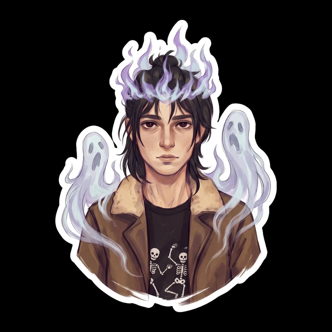 Nico with a flickering crown of green, ghostly flames hovering just above his dark hair, casting an eerie glow on his features. It shows him fully embracing his authority and power over the spirits of