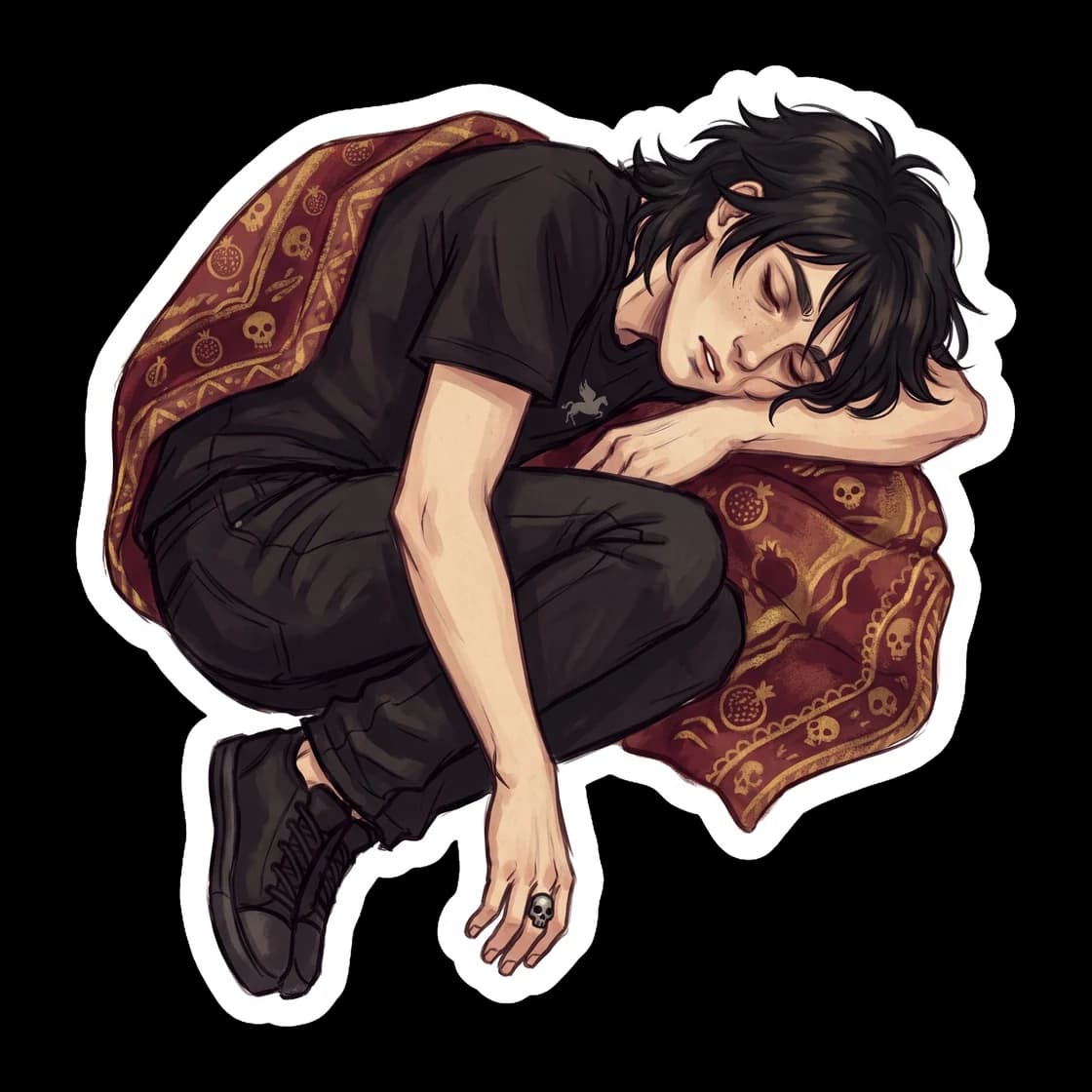 Nico collapsing into exhaustion after pushing his shadow travel limits, with Will there to catch him and prescribe three days of mandatory rest. The design captures Nico closing his eyes while Will st