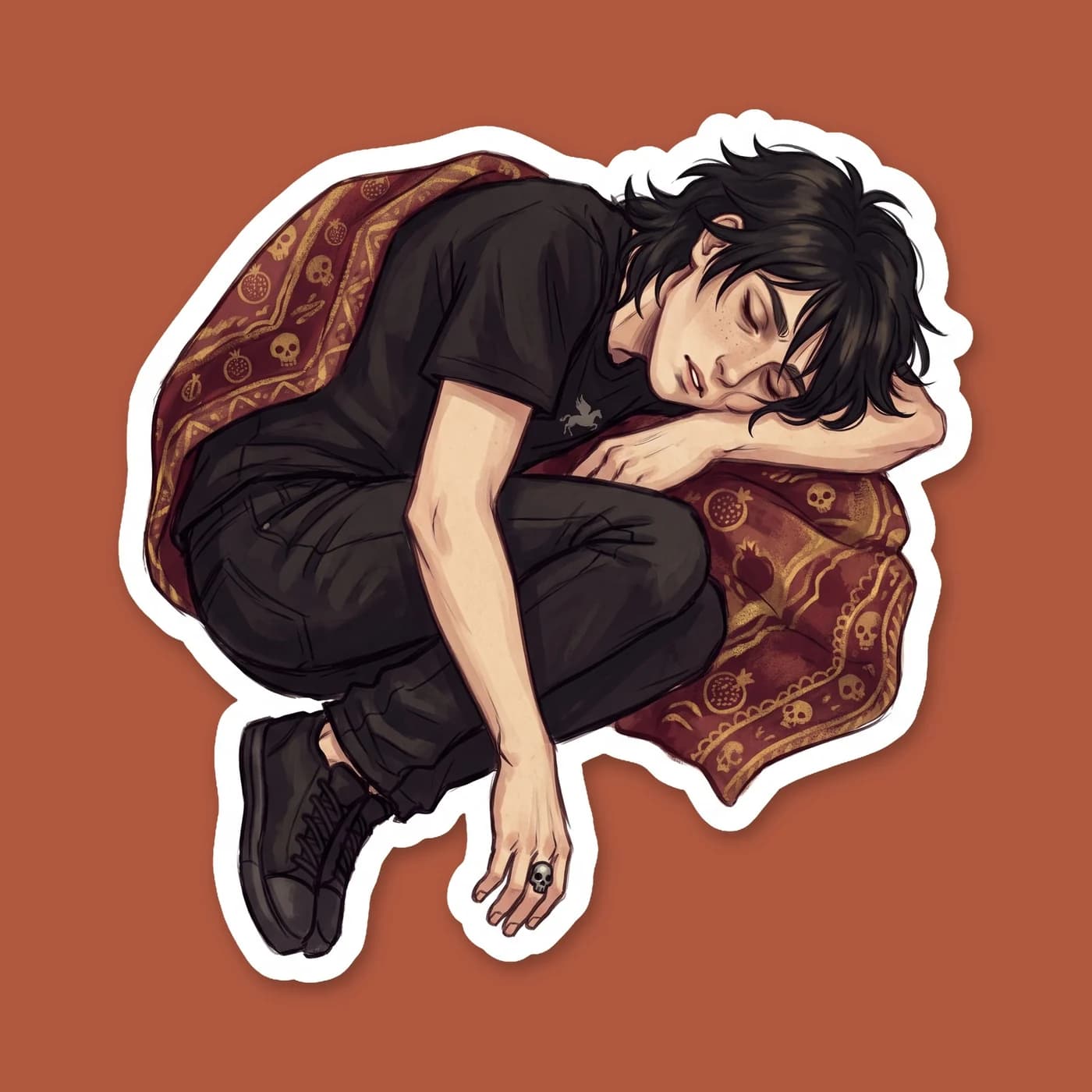 Nico collapsing into exhaustion after pushing his shadow travel limits, with Will there to catch him and prescribe three days of mandatory rest. The design captures Nico closing his eyes while Will st, view 2