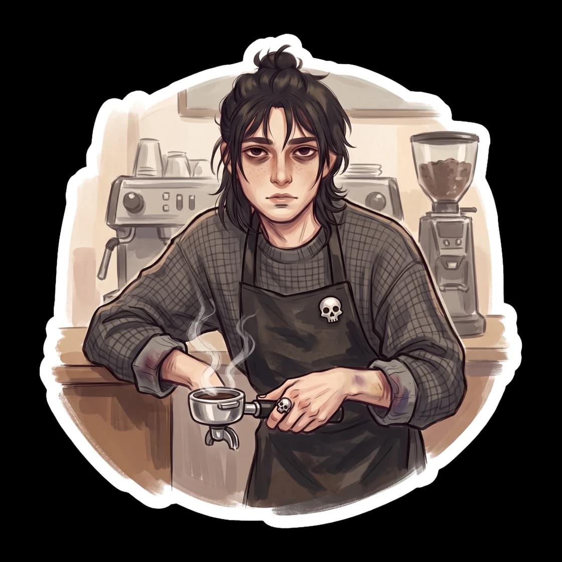 Modern alternate universe Nico di Angelo working his shift as a tired campus barista, complete with a black apron, a messy bun, and an expression that says he needs more espresso. A cozy take on the s