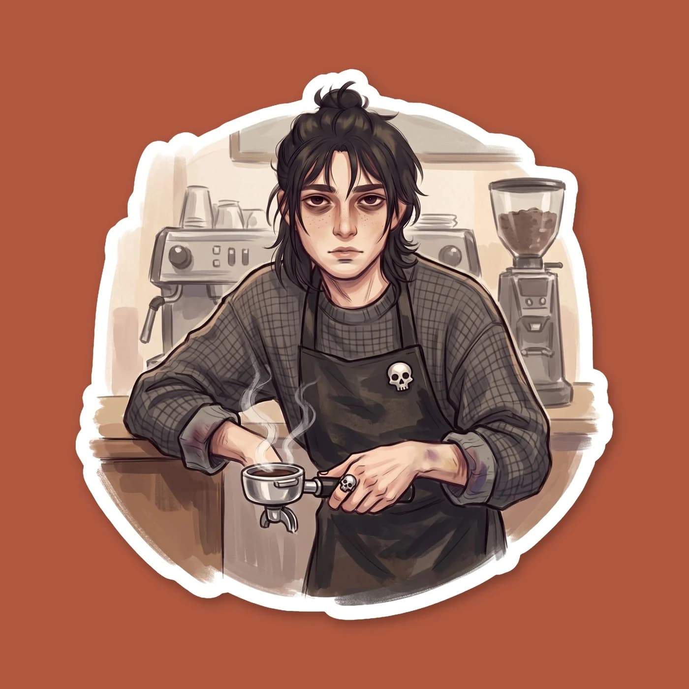 Modern alternate universe Nico di Angelo working his shift as a tired campus barista, complete with a black apron, a messy bun, and an expression that says he needs more espresso. A cozy take on the s, view 2