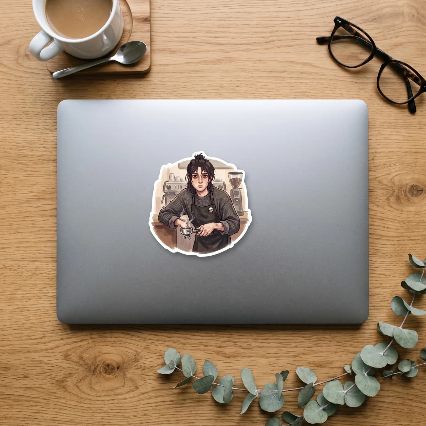 Modern alternate universe Nico di Angelo working his shift as a tired campus barista, complete with a black apron, a messy bun, and an expression that says he needs more espresso. A cozy take on the s, view 3