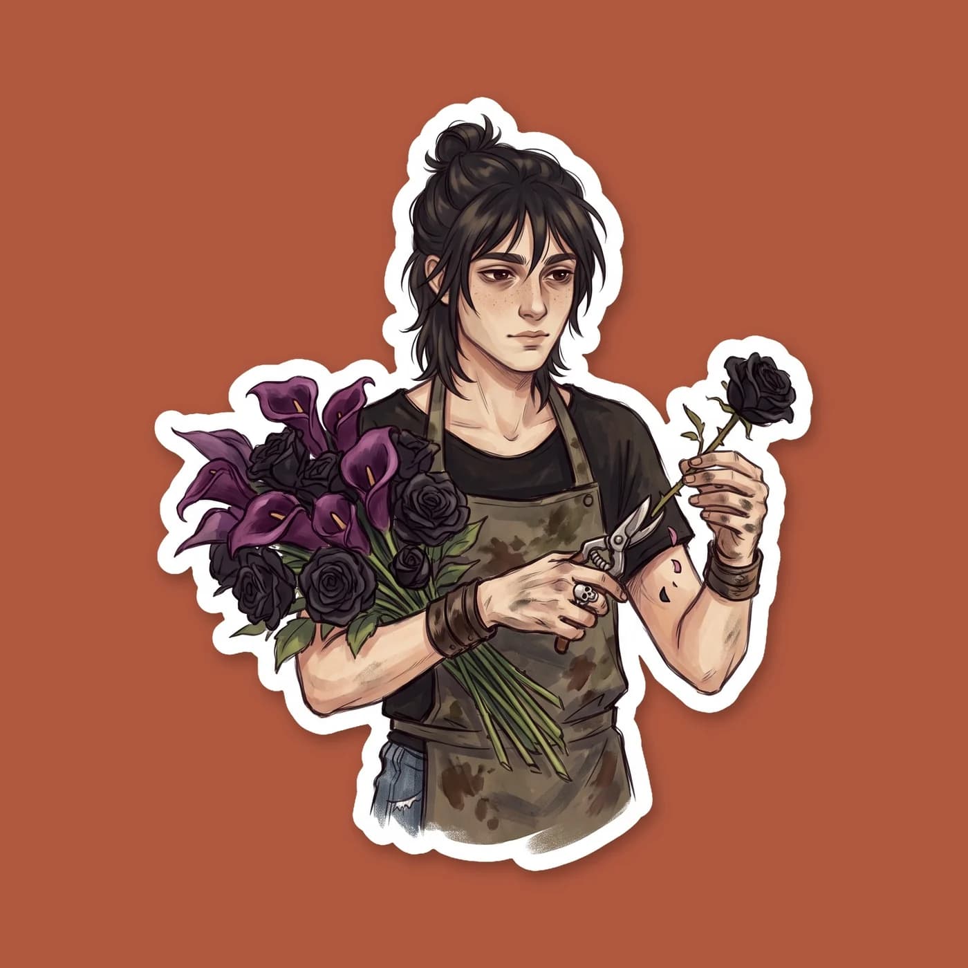 Will Solace cheerfully presents Nico with a bouquet of dark gothic blooms from a local cemetery florist. Nico tries to hide a small, genuine smile behind the dark petals., view 2