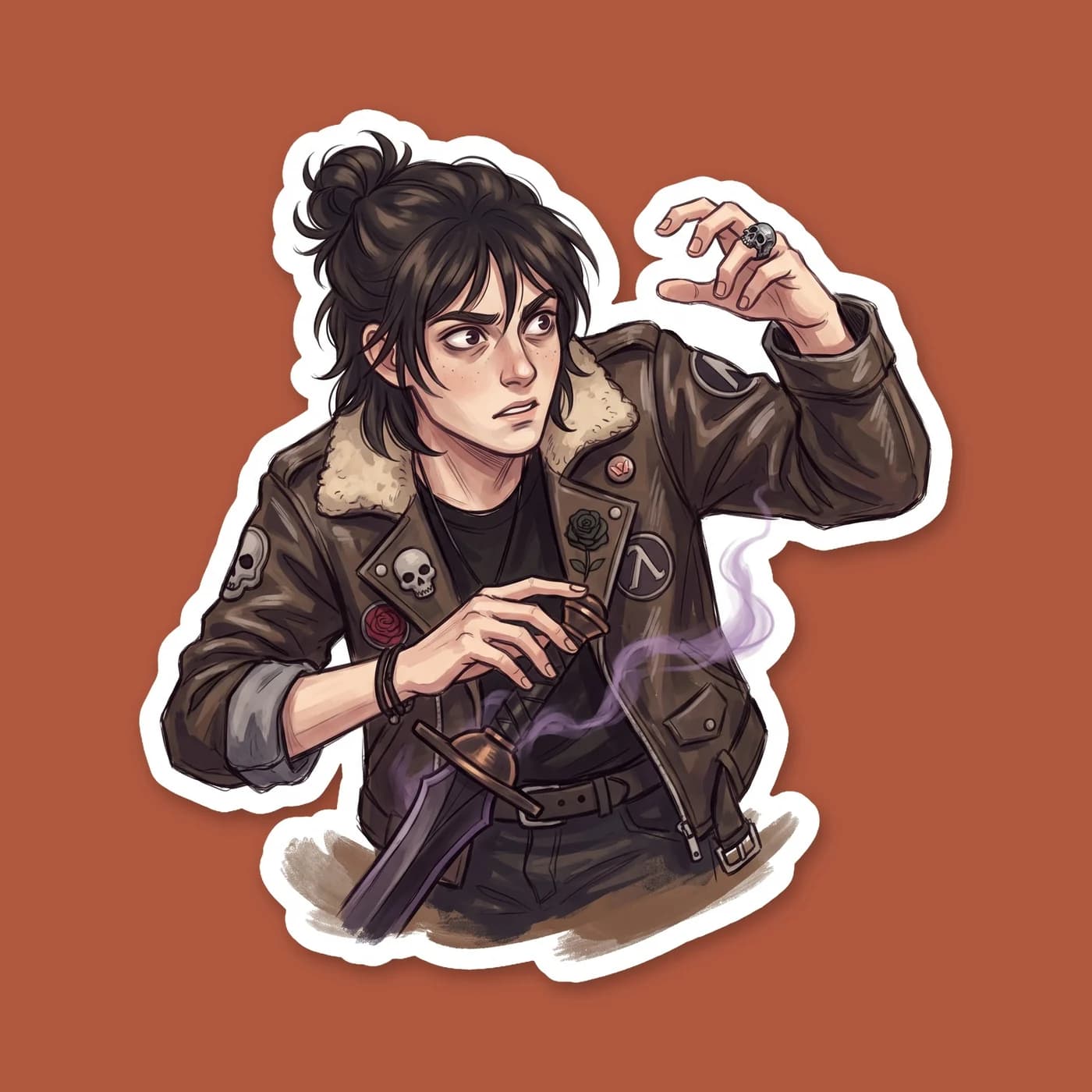 Nico sits perched on a low stone wall, radiating the defensive energy of a stray cat. He clutches his Stygian iron sword defensively, eyeing passersby from the shadows., view 2
