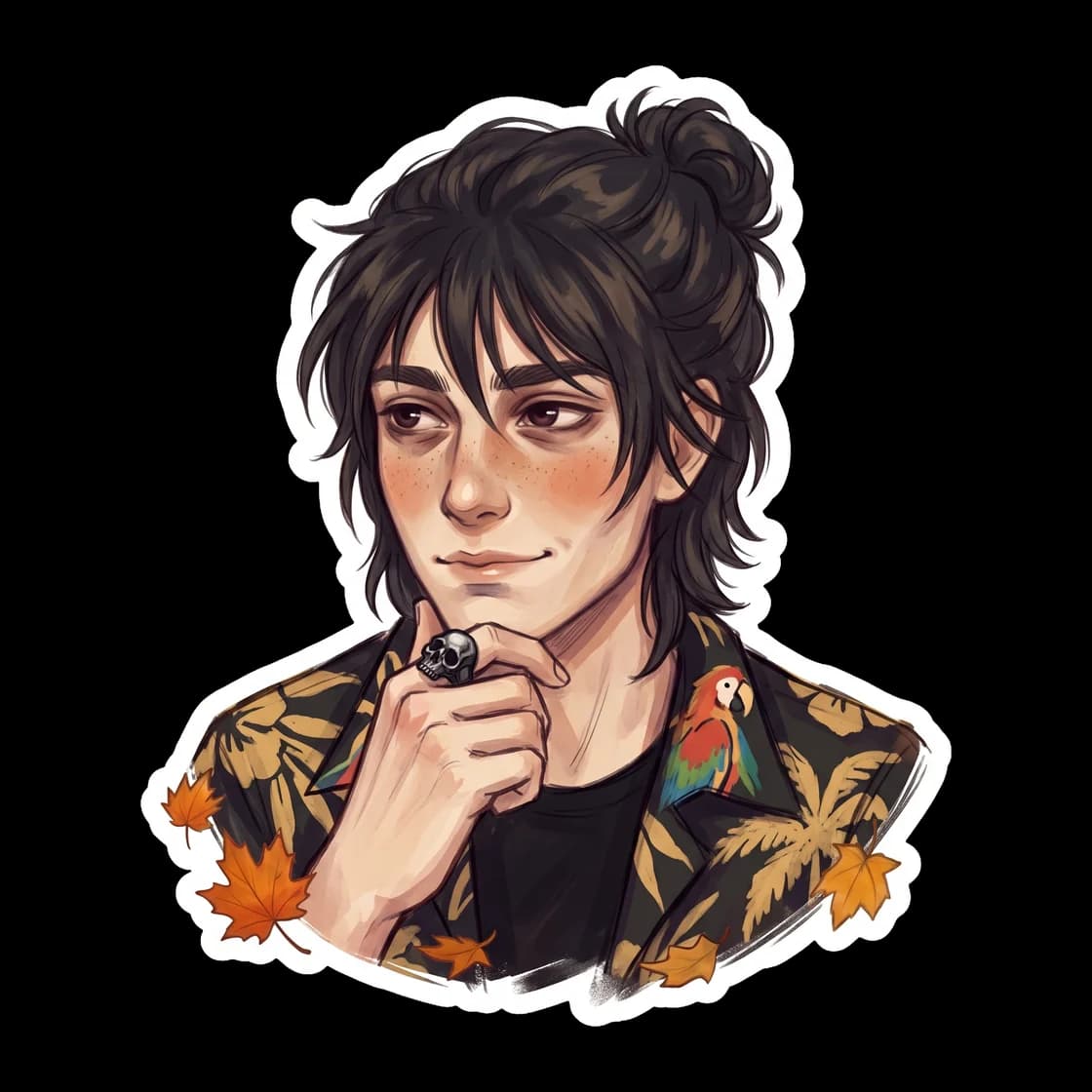 A gentle illustration capturing Nico di Angelo showing a quiet, reluctant smile. The warm lighting highlights his dark hair and subtle blush, capturing a fleeting moment of happiness for the usually b
