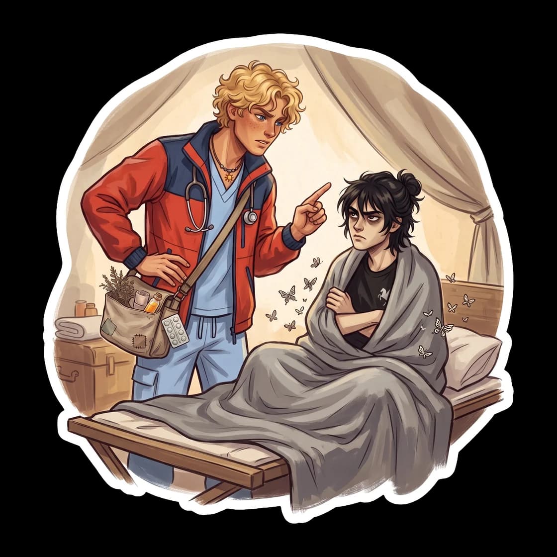 Will Solace sternly pointing to an infirmary bed while Nico di Angelo rolls his eyes, strictly following doctor orders. This scene captures the classic dynamic of the grumpy son of Hades and his stubb