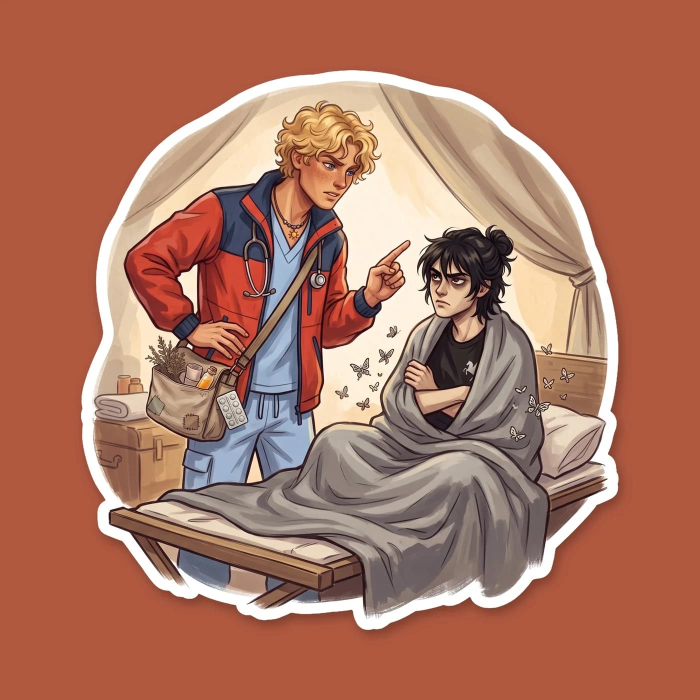 Will Solace sternly pointing to an infirmary bed while Nico di Angelo rolls his eyes, strictly following doctor orders. This scene captures the classic dynamic of the grumpy son of Hades and his stubb, view 2