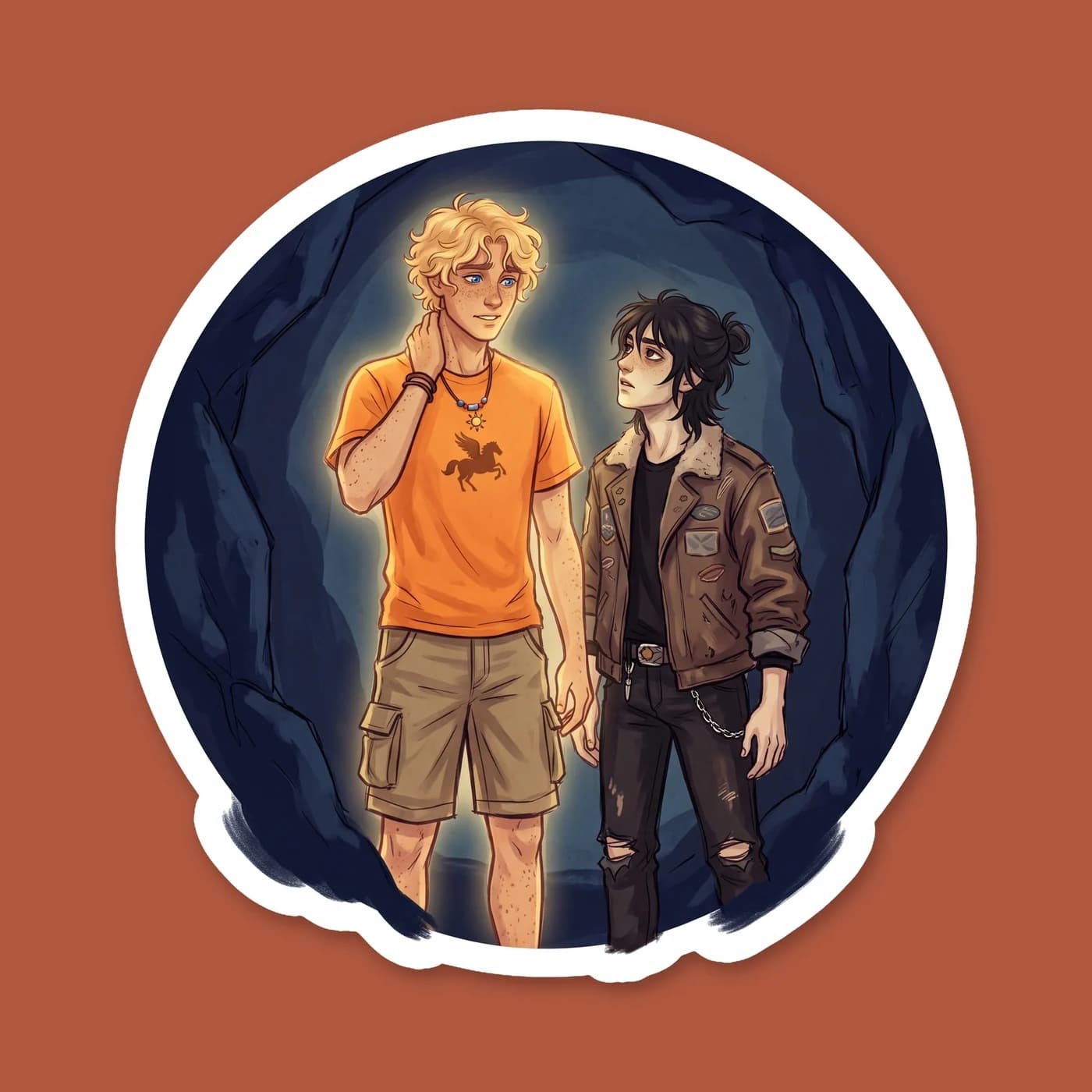 Will acts as a literal nightlight for Nico as they navigate through a pitch-black cavern. The soft golden glow illuminates their faces, showing a quiet moment of comfort and reliance during their trea, view 2
