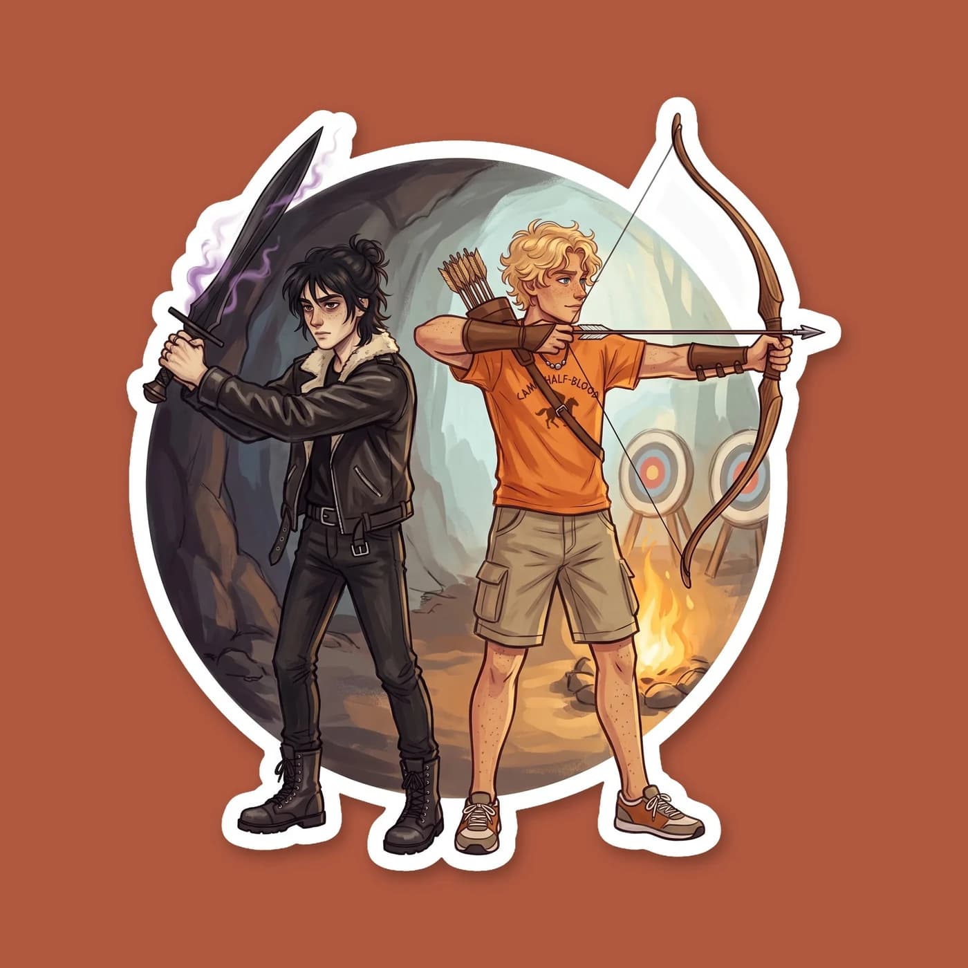 Nico and Will stand defensive and back to back, balancing each other perfectly in the heat of battle. The contrast of shadow and golden light surrounds them as they draw their weapons against monsters, view 2