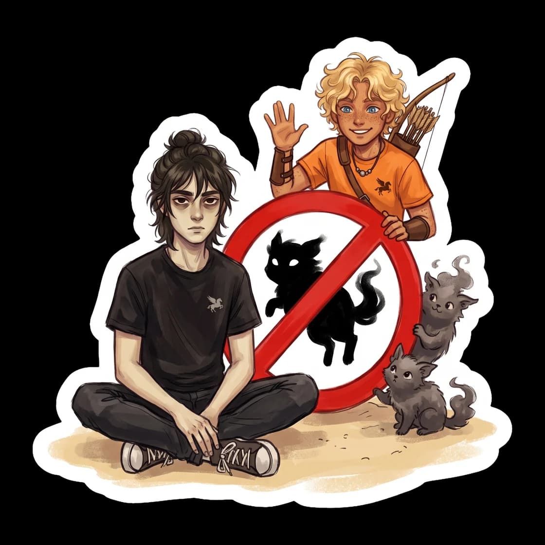 Will Solace enforcing his strict medical rules, crossing his arms and reminding a certain son of Hades that underworld magic is banned. He wears his classic camp shirt and a stethoscope draped loosely