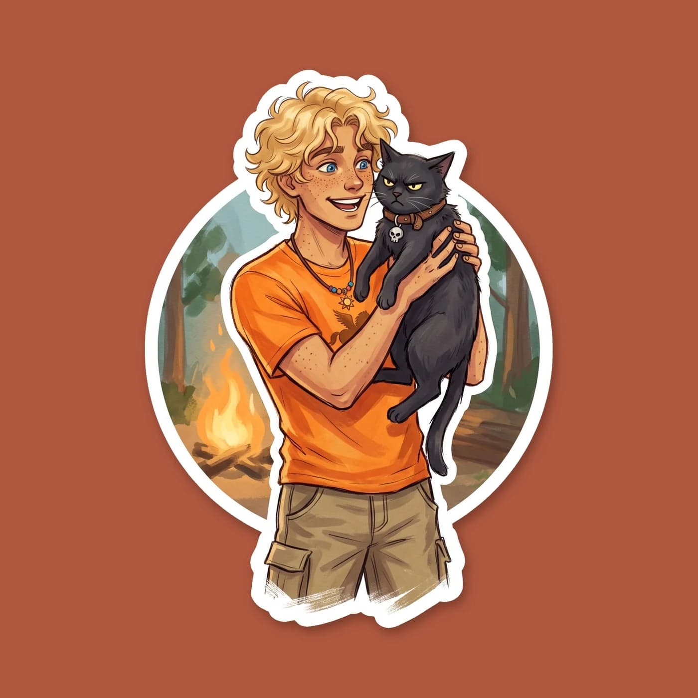 Nico is depicted as a grumpy black cat wearing a tiny skull shirt, glaring affectionately at the viewer. A small golden sun charm dangles from his collar, hinting at a certain son of Apollo who defini, view 2
