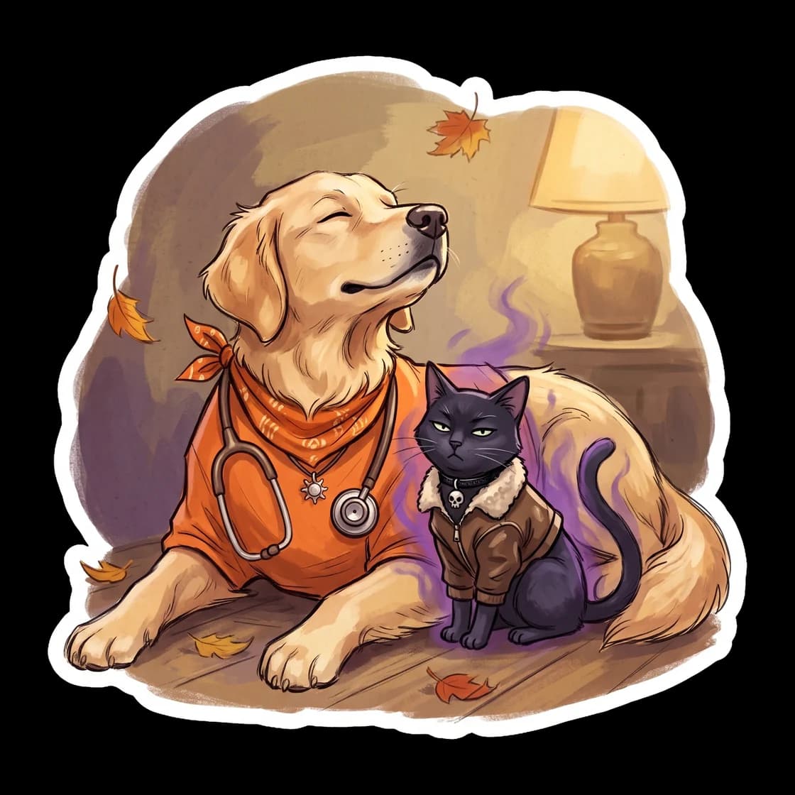 Nico and Will drawn with playful black cat and golden retriever energy. Will beams brightly like a sunny puppy while Nico sits beside him with a grumpy but fond feline expression, neatly summarizing t