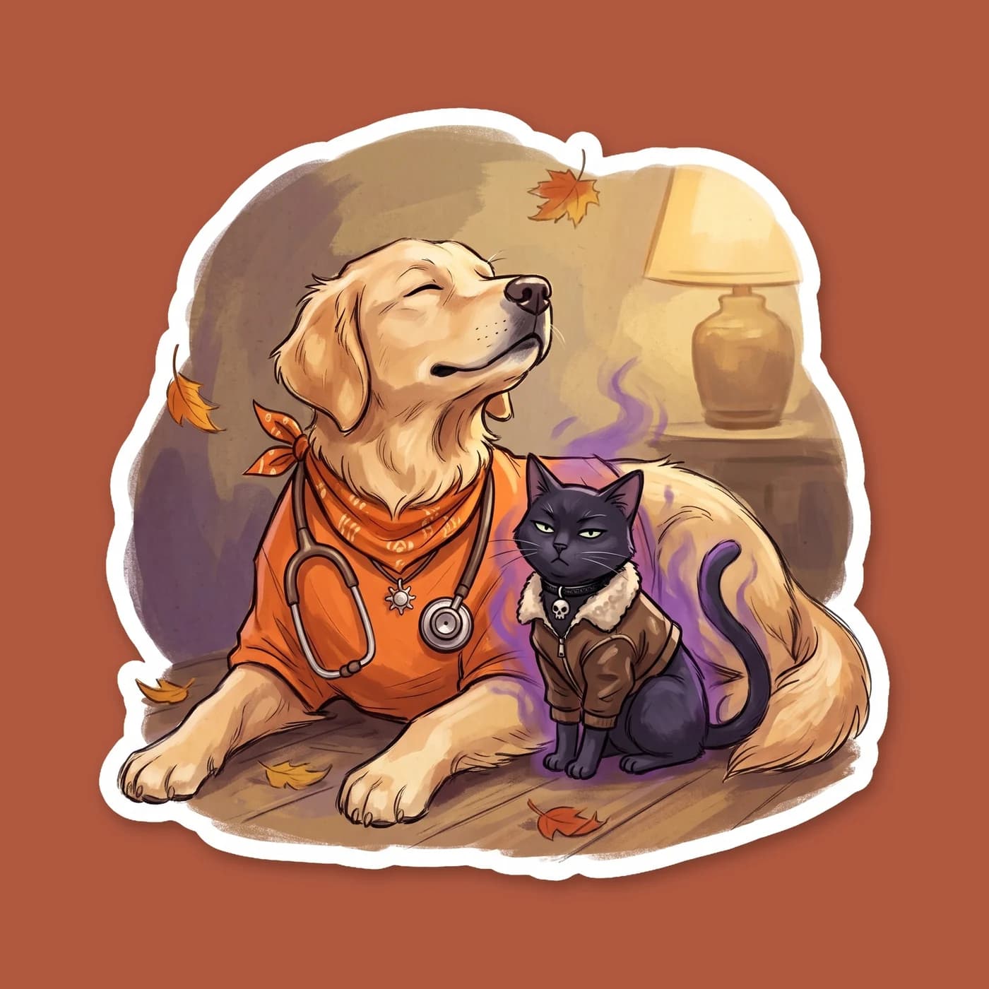 Nico and Will drawn with playful black cat and golden retriever energy. Will beams brightly like a sunny puppy while Nico sits beside him with a grumpy but fond feline expression, neatly summarizing t, view 2