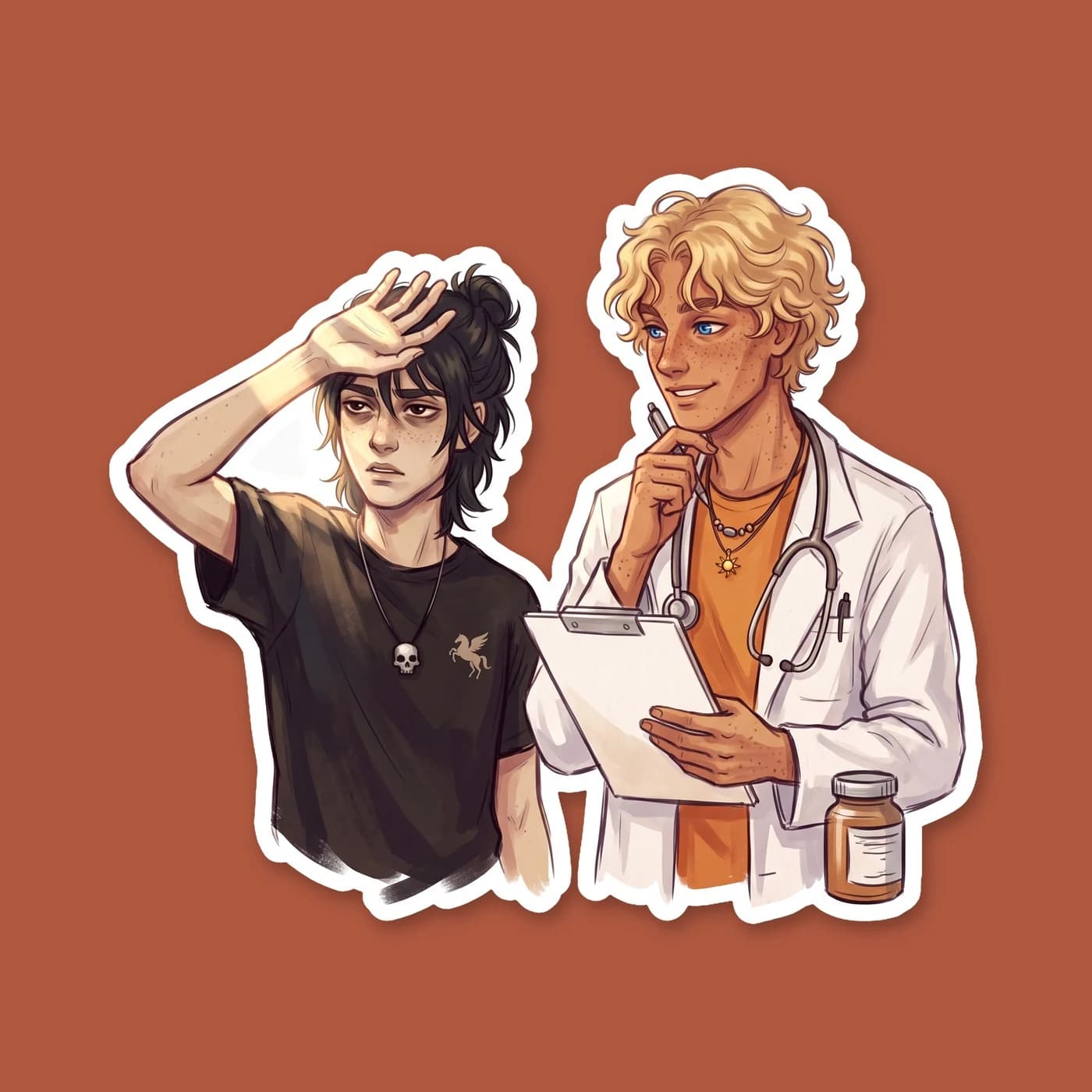 Nico scowling while drinking a juice box, paired with his classic excuse for looking so pale. A humorous design for those who love the grumpy son of Hades and his relatable dietary struggles., view 2