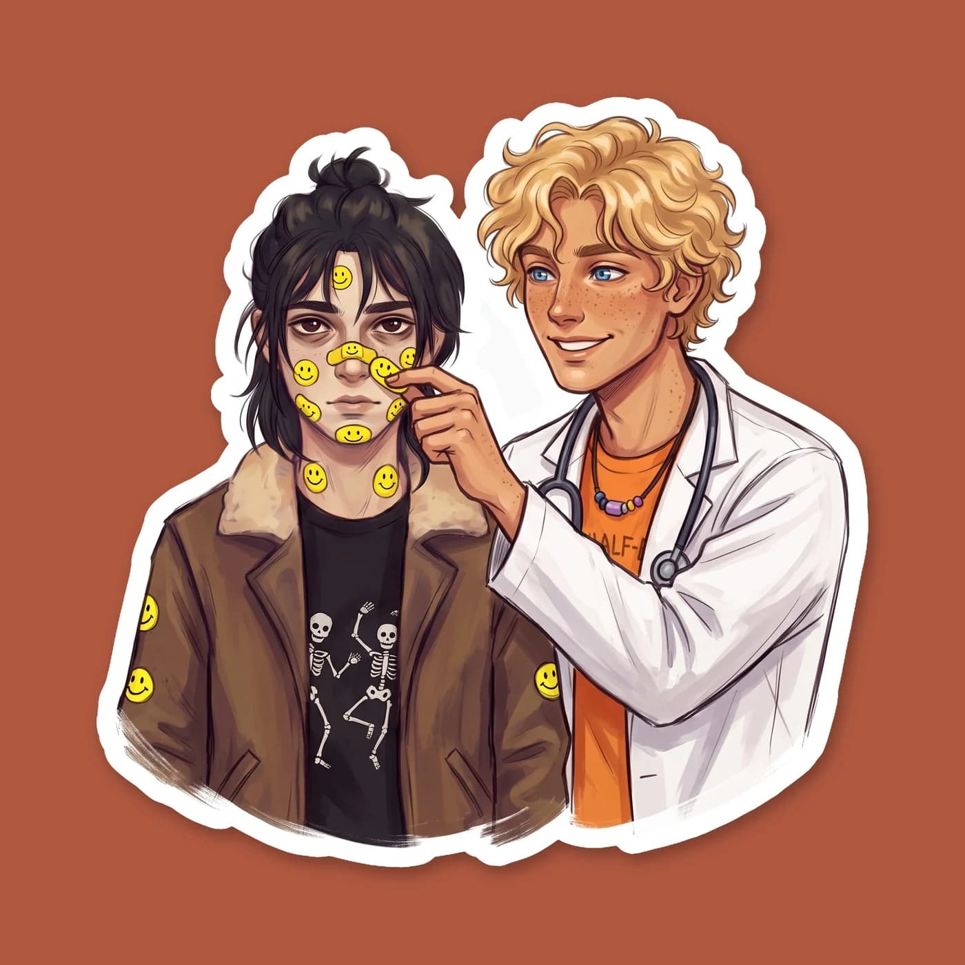 Will covers Nico's battle scratches with an excessive amount of brightly colored character band-aids in the camp infirmary. Nico scowls at a glowing neon plaster on his cheek while Will admires his ha, view 2