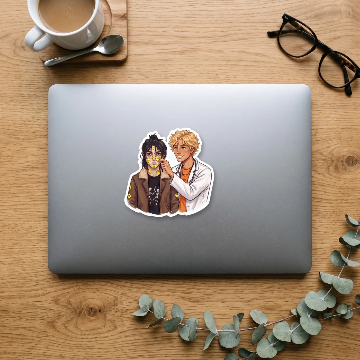Will covers Nico's battle scratches with an excessive amount of brightly colored character band-aids in the camp infirmary. Nico scowls at a glowing neon plaster on his cheek while Will admires his ha, view 3