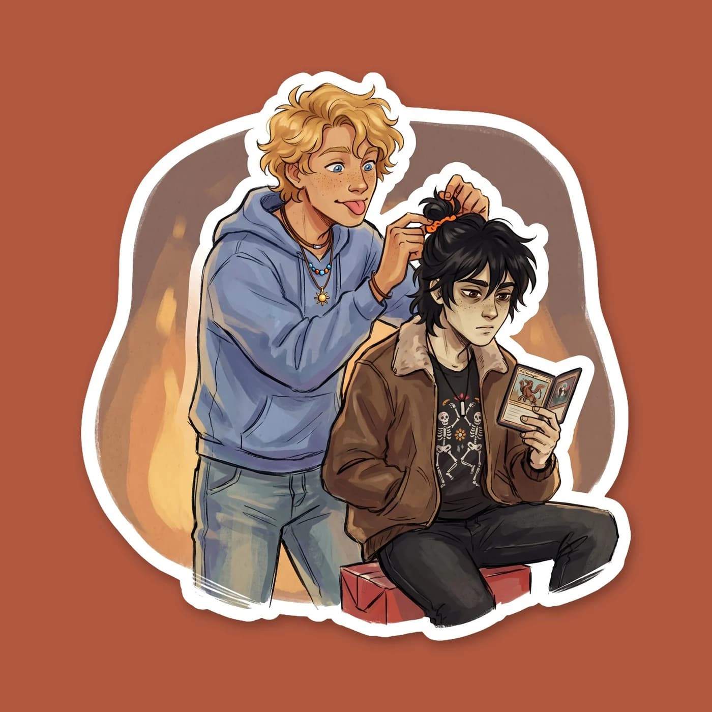 Nico stands behind Will with quiet focus, gathering blonde curls into a neat ponytail. Will sits patiently with his eyes closed, enjoying a rare moment of domestic peace before the day begins., view 2