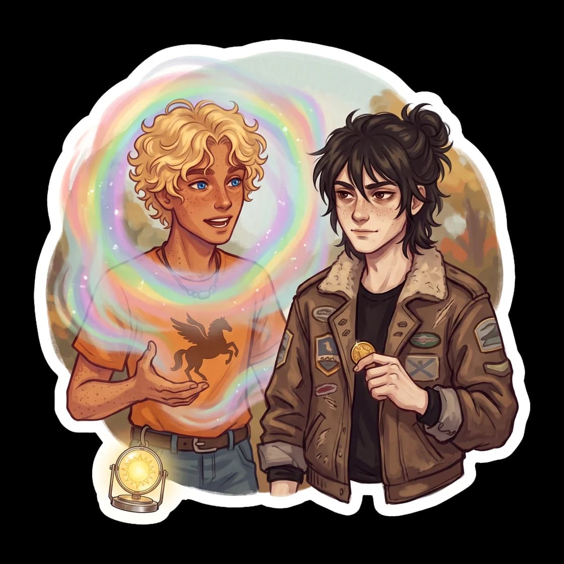 A soft rainbow projection showing Will Solace and Nico di Angelo caught in a long iris message call. The design captures the glowing mist and a golden drachma, framing the two demigods as they refuse