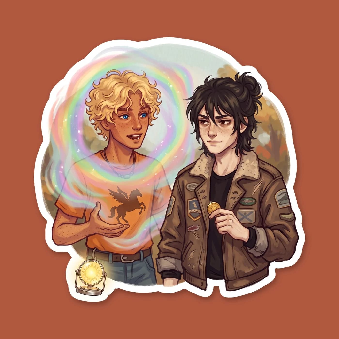 A soft rainbow projection showing Will Solace and Nico di Angelo caught in a long iris message call. The design captures the glowing mist and a golden drachma, framing the two demigods as they refuse , view 2