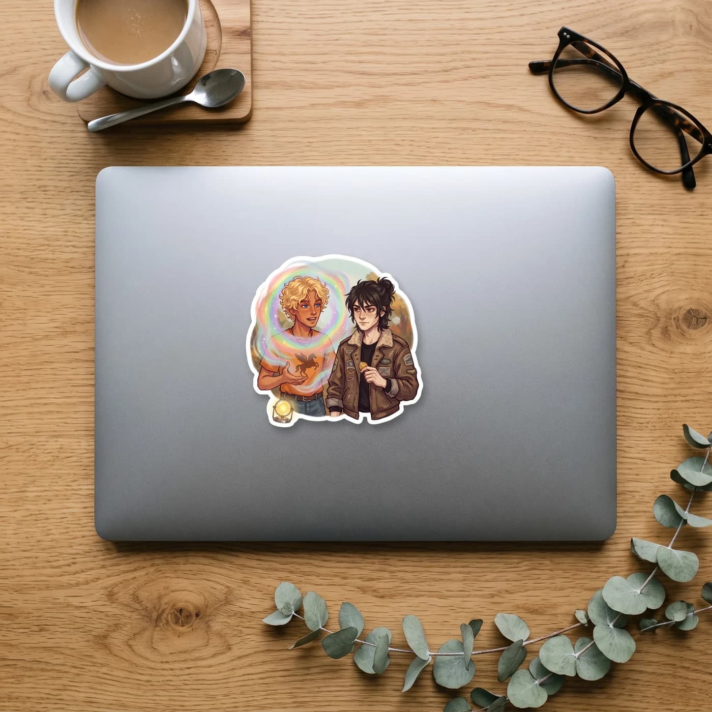 A soft rainbow projection showing Will Solace and Nico di Angelo caught in a long iris message call. The design captures the glowing mist and a golden drachma, framing the two demigods as they refuse , view 3