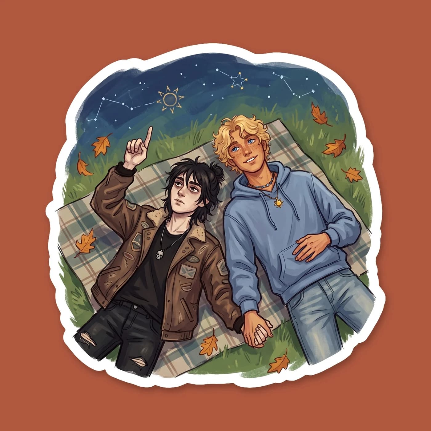 The boys lie shoulder-to-shoulder on the grass, tracing constellations in the night sky. Nico points out a cluster of stars while Will looks entirely at him, bathed in the soft silver light of the moo, view 2