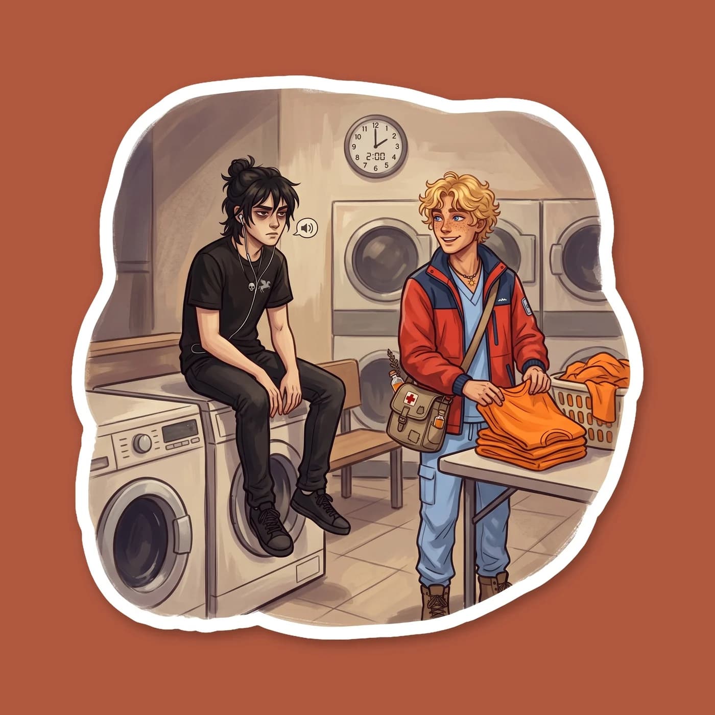 Nico sleeps sitting up against the vibrating washing machine in a fluorescent-lit New York laundromat at 2am. Will drapes his own denim jacket over Nico's shoulders, keeping watch while their camp clo, view 2