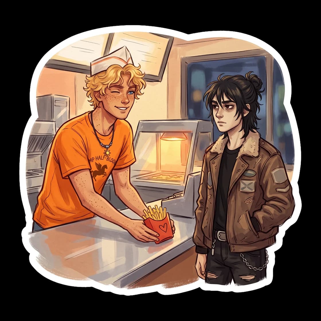 Will and Nico sharing a plate of greasy diner fries at two in the morning. The warm diner neon illuminates Will laughing while Nico steals a fry from his plate. A domestic moment for fans of the pairi