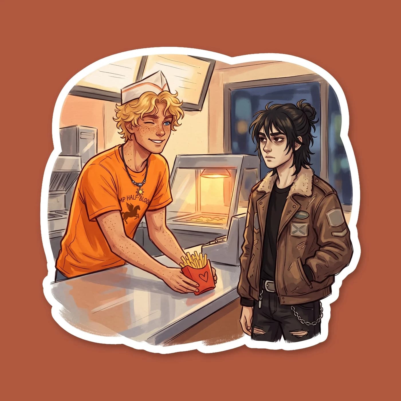 Will and Nico sharing a plate of greasy diner fries at two in the morning. The warm diner neon illuminates Will laughing while Nico steals a fry from his plate. A domestic moment for fans of the pairi, view 2