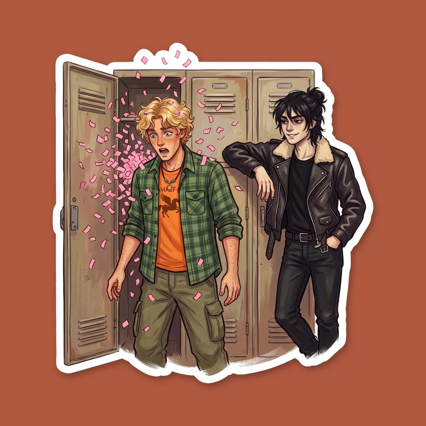 Will sports a vintage letterman jacket while Nico rests his head on a stack of textbooks, listening to music through shared wired earbuds. The mortal high school setting gives the demigods a brief mom, view 2